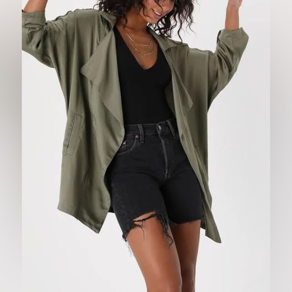 Lulus Lucky Break Oversized Open Front Jacket XS Olive Green Shacket Layering